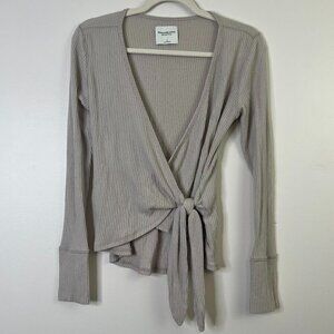 Abercrombie & Fitch Ribbed Knit Surplice Crossover Tie Front Long Sleeve Top